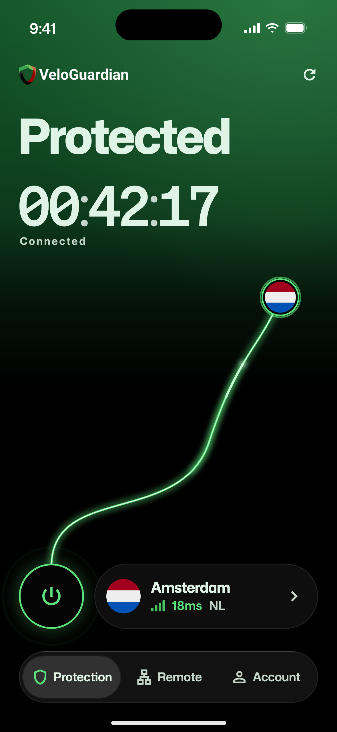 VeloGuardian VPN connected to the Amsterdam server