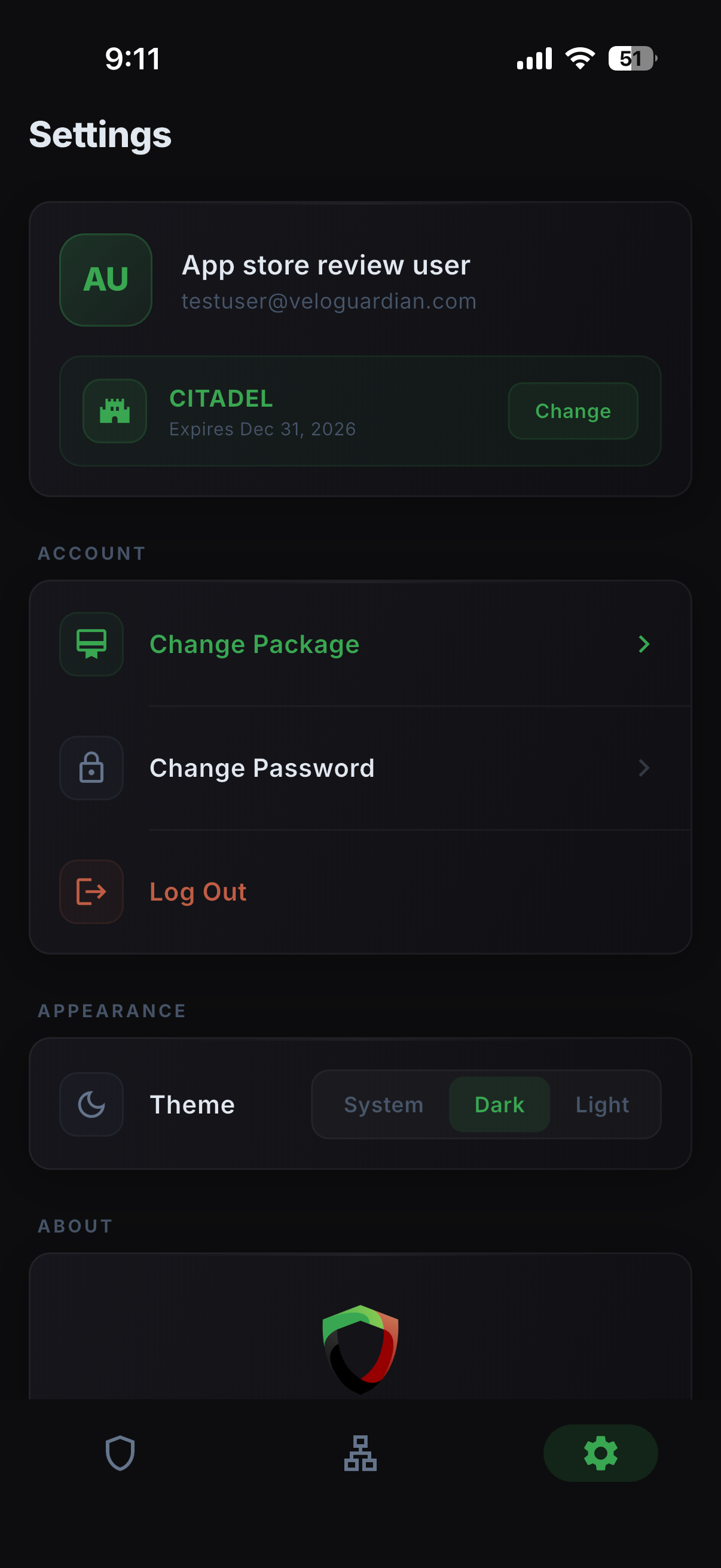 VeloGuardian VPN settings screen