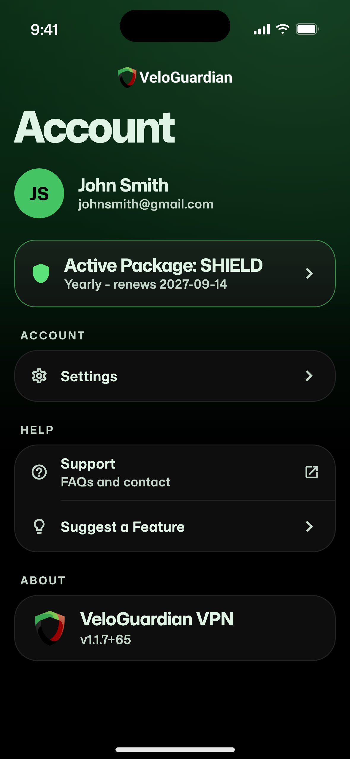 VeloGuardian VPN account screen