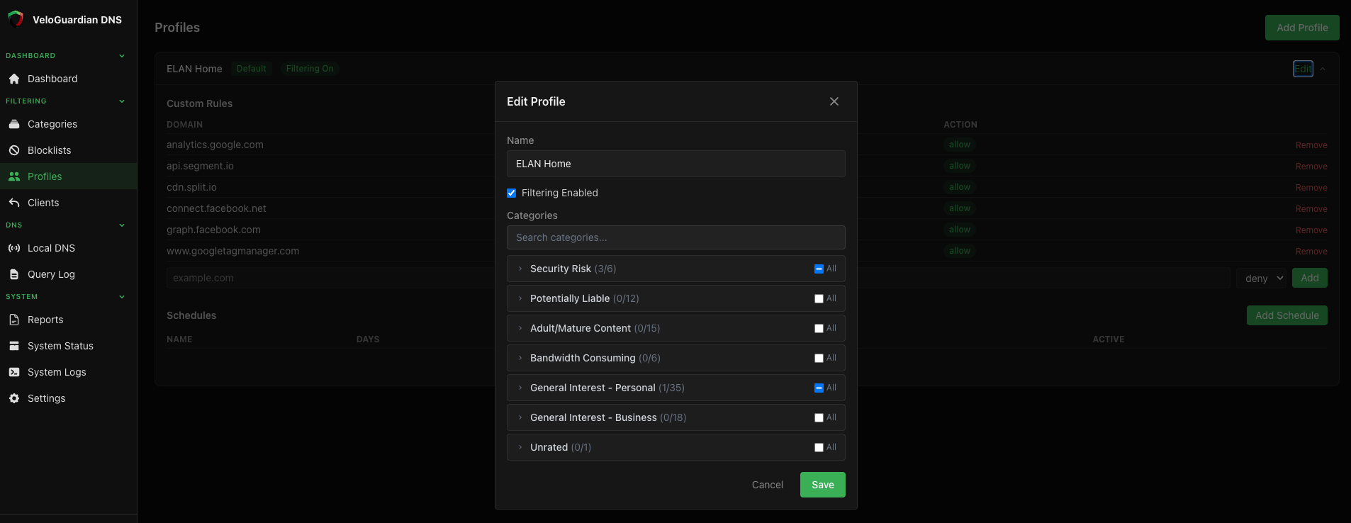 VeloGuardian DNS profiles page showing per-client filtering profiles with category selection