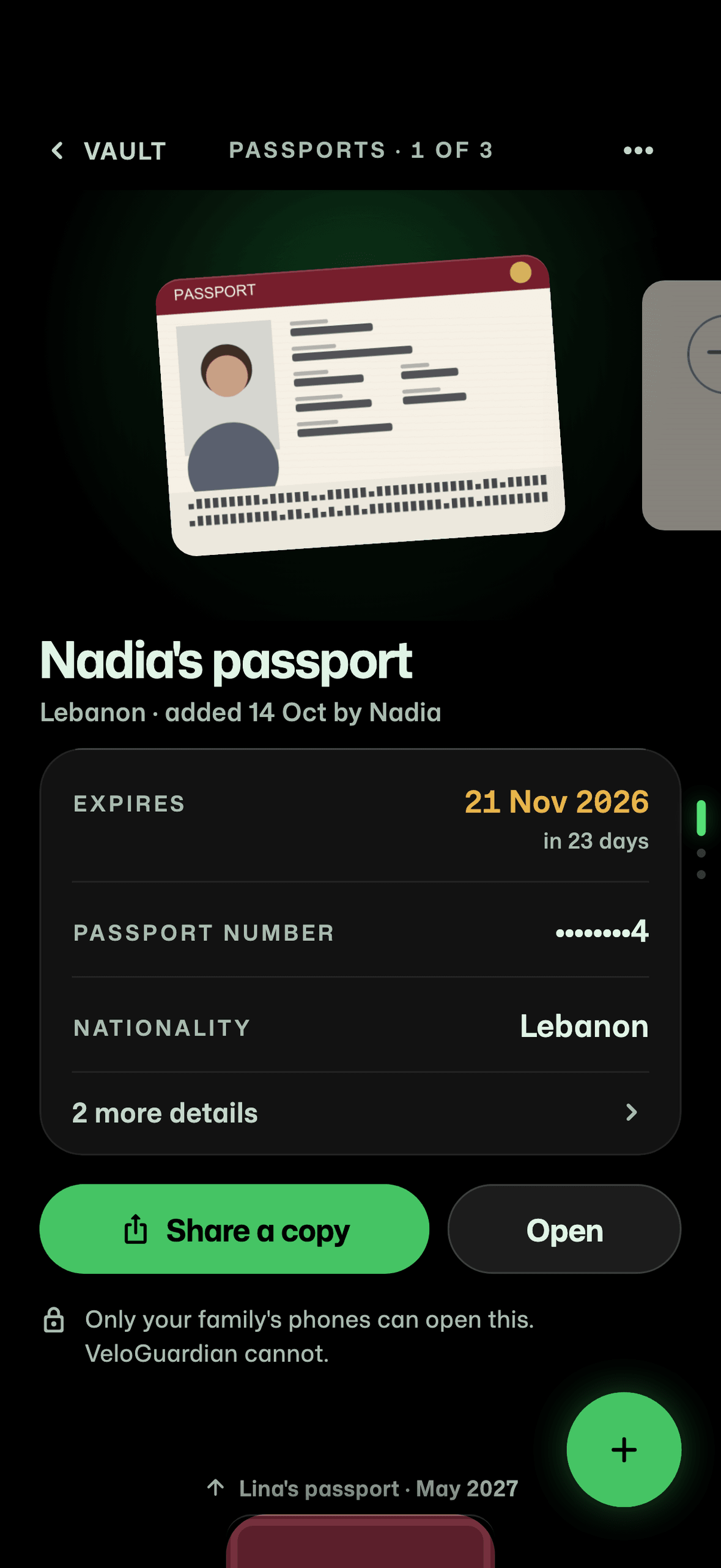A passport in the Vault with its expiry date, passport number and nationality, and a Share a copy button