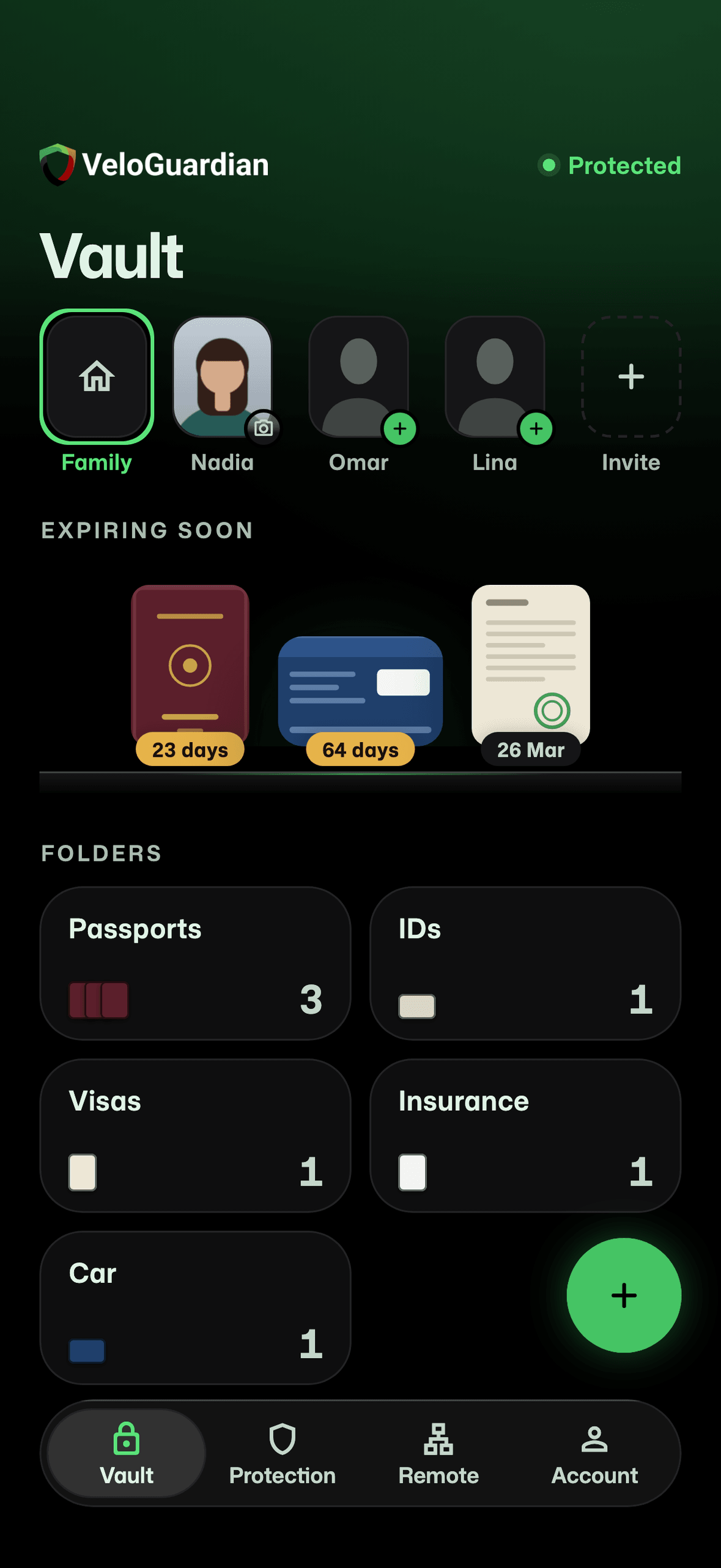 VeloGuardian Vault home: the family's people, documents expiring soon, and folders for passports, IDs, visas, insurance and the car