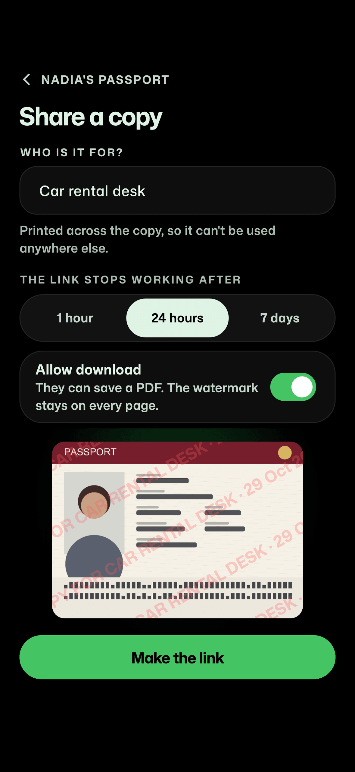 Share a copy: who it is for, how long the link works, Allow download, and a preview with the watermark across the passport