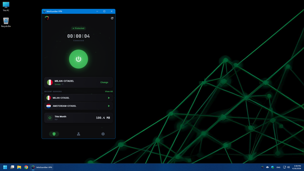 VeloGuardian VPN connected on Windows desktop