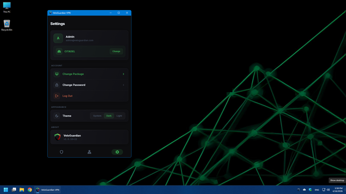 VeloGuardian VPN settings on Windows