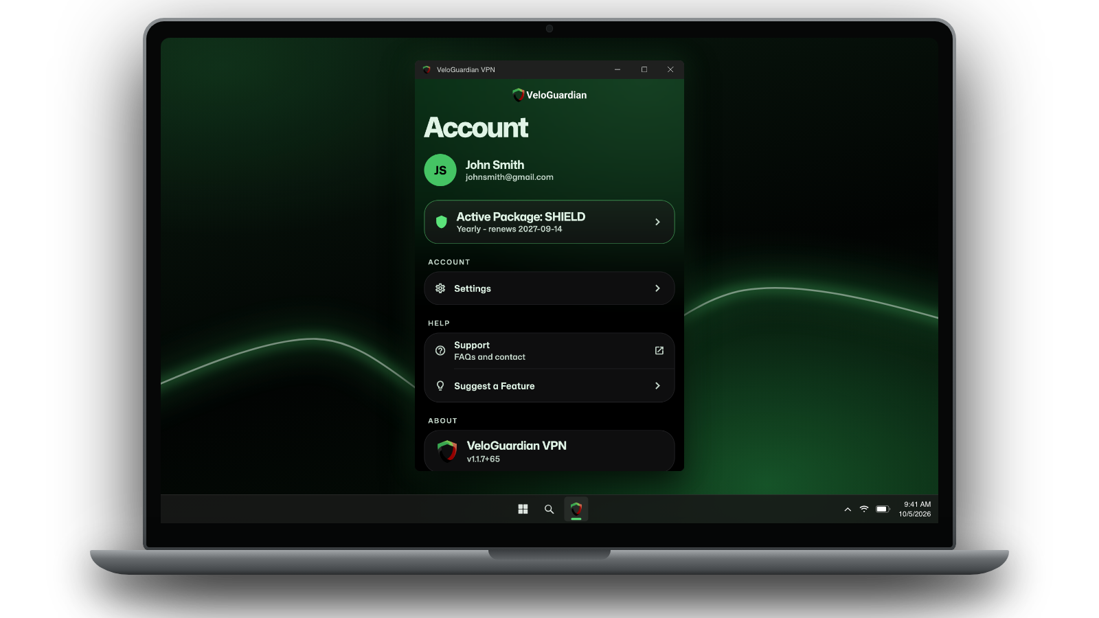 VeloGuardian VPN account screen